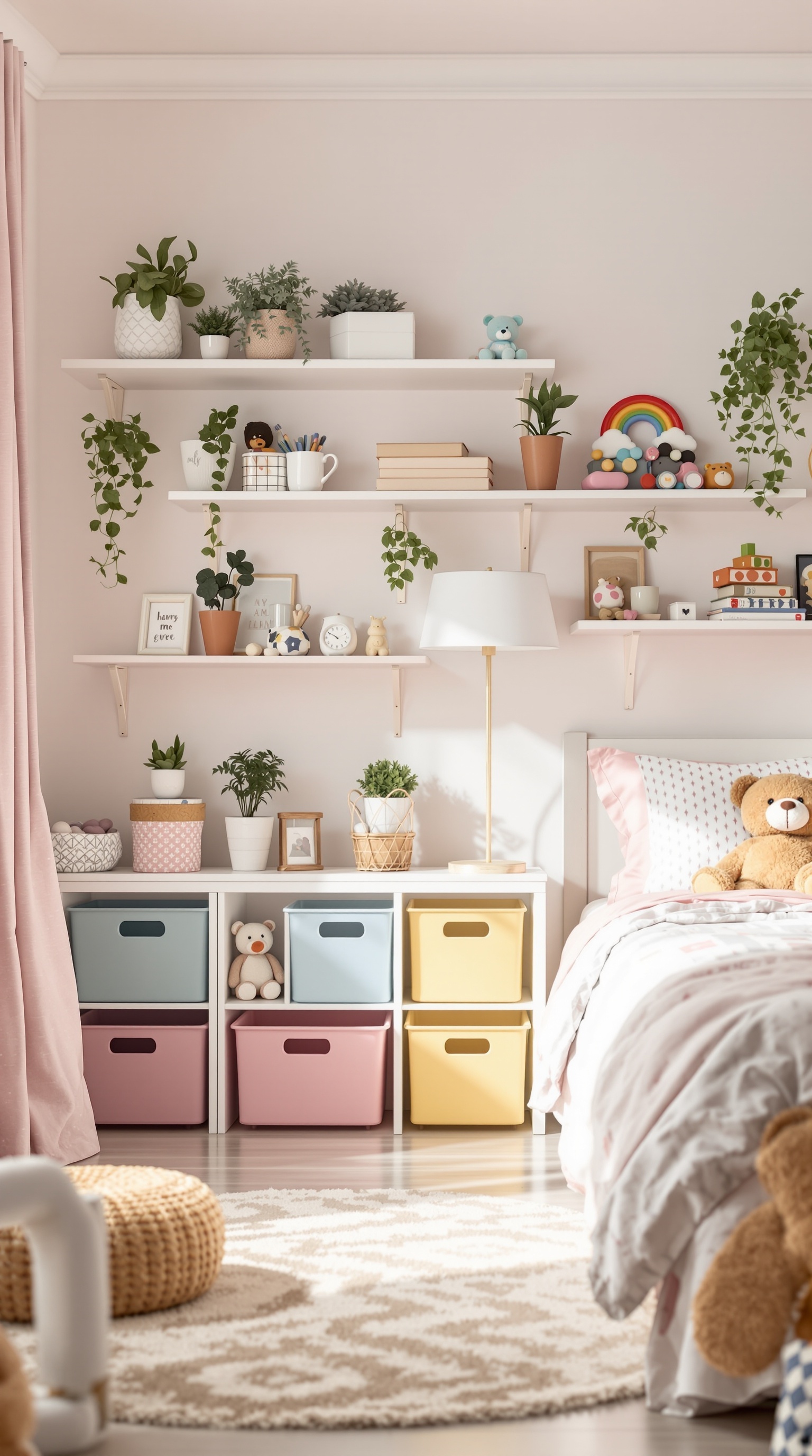 A toddler girl's bedroom featuring colorful storage bins, open shelves with decor, and a cozy bed.