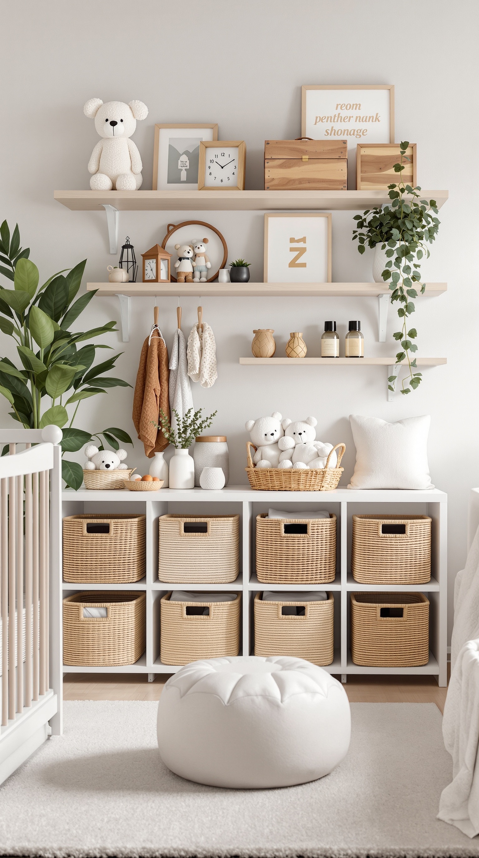 A beautifully organized baby room with functional storage solutions, featuring woven baskets, open shelves, and decorative items.