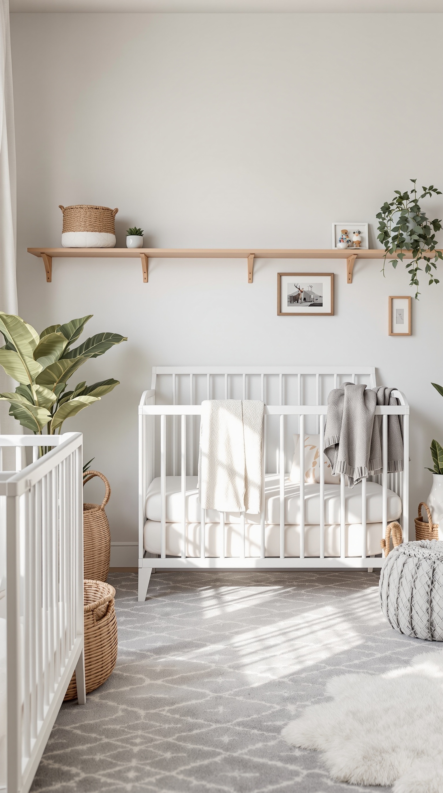 A neutral baby nursery featuring two cribs, woven baskets, and a shelf with decor.