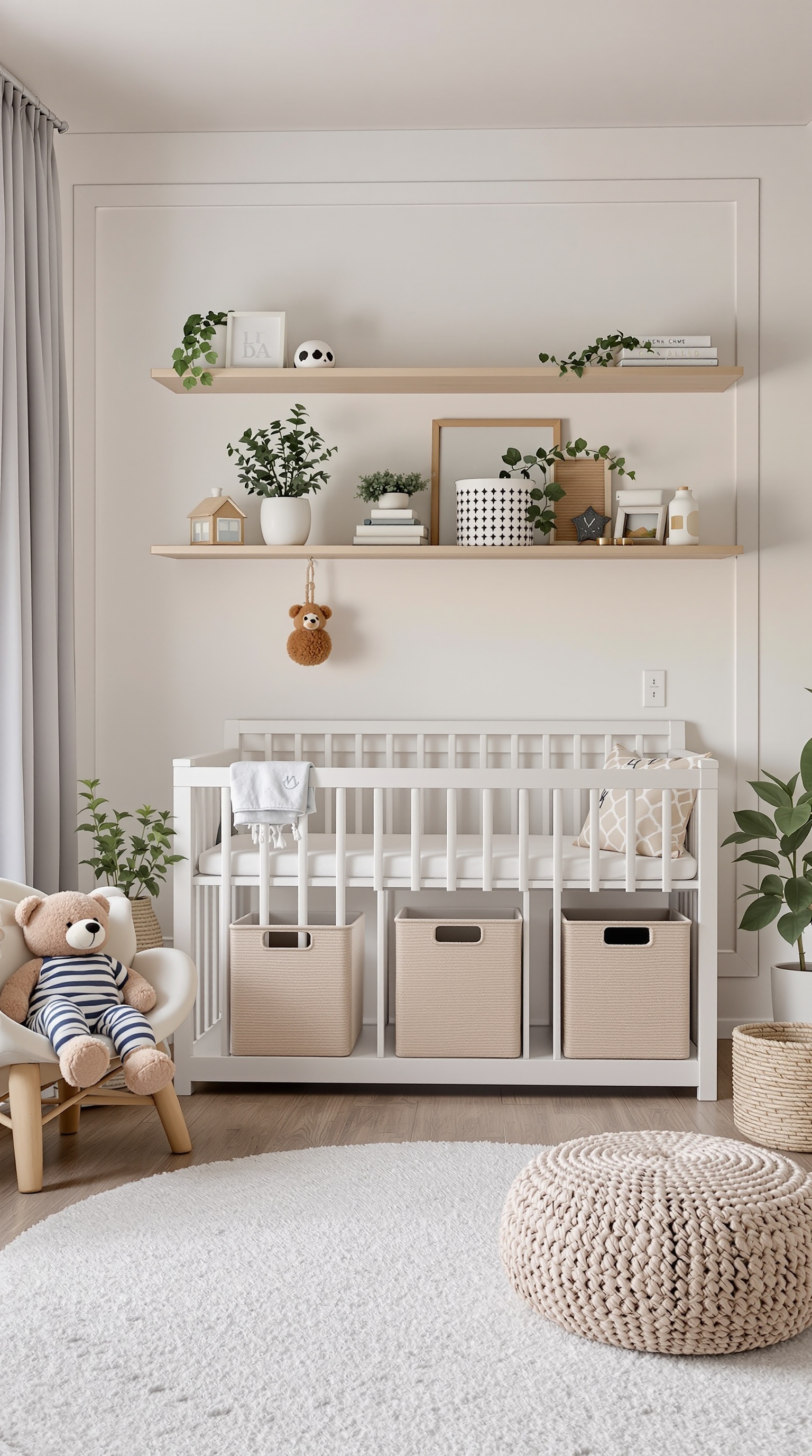 A modern baby room featuring a crib, storage baskets, and decorative shelf.