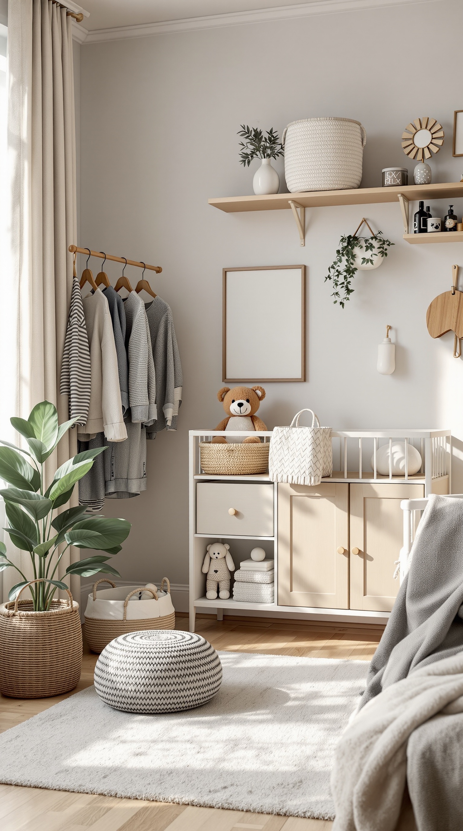 A stylish unisex baby room featuring functional storage solutions like a shelving unit, hanging clothes, and a round pouf.