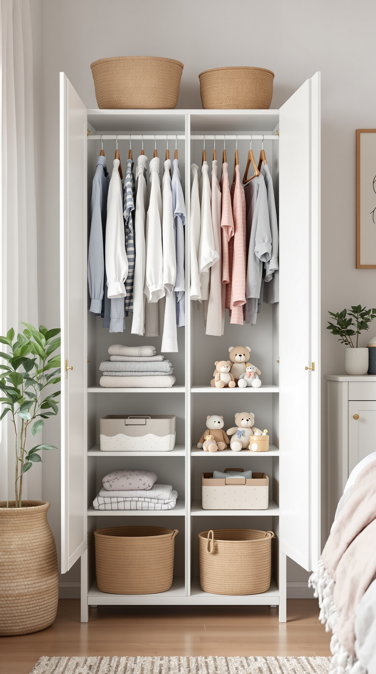 A stylish wardrobe in a baby room, featuring hanging clothes, folded blankets, and decorative baskets.