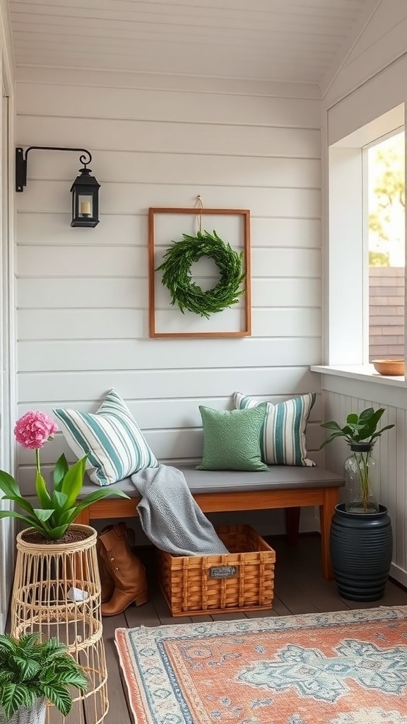A small porch with a bench, storage basket, plants, and decorative elements.
