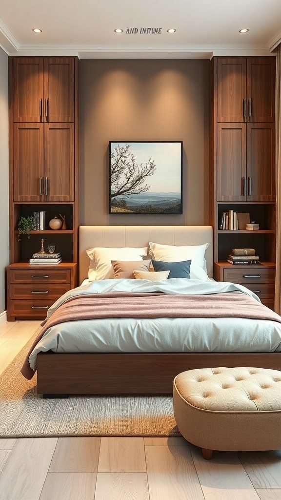 A modern farmhouse bedroom featuring built-in wooden cabinets, a cozy bed, and a stylish storage ottoman.