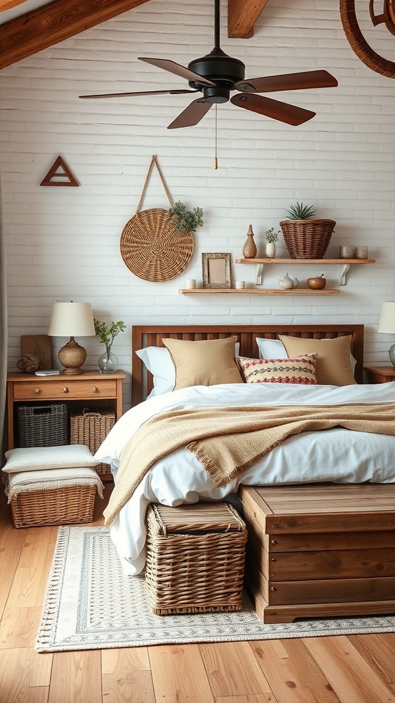 A rustic farmhouse bedroom featuring a wooden bed, woven baskets, and decorative shelves.