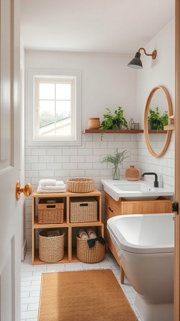 Cozy bathroom with functional storage solutions, featuring wooden shelves, woven baskets, and neatly arranged towels.