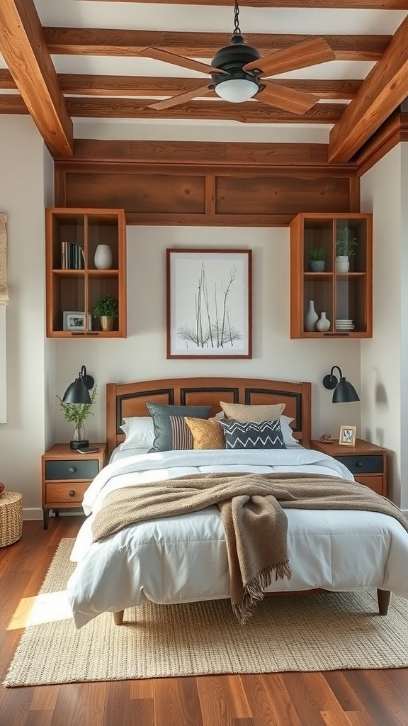 A rustic bedroom with wooden shelves, a nightstand, and a cozy atmosphere.