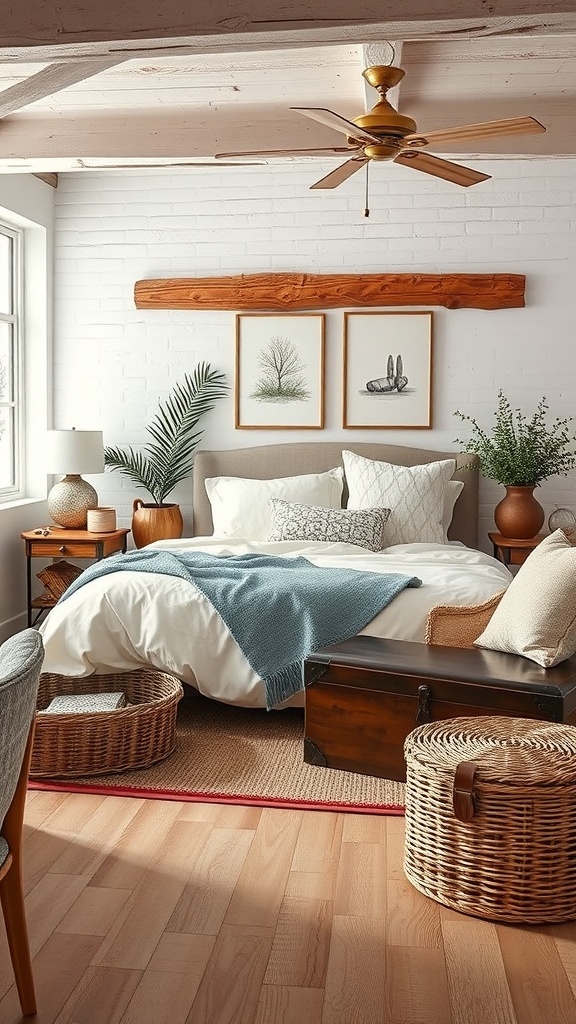 A rustic farmhouse bedroom featuring a wooden trunk, woven baskets, and nightstands with drawers for functional storage.