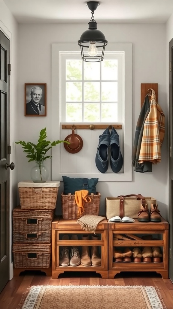 A rustic entryway featuring wooden benches, woven baskets, and hooks for storage.