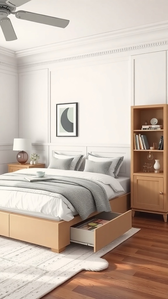 A neutral bedroom featuring a bed with storage drawers and a bookshelf.