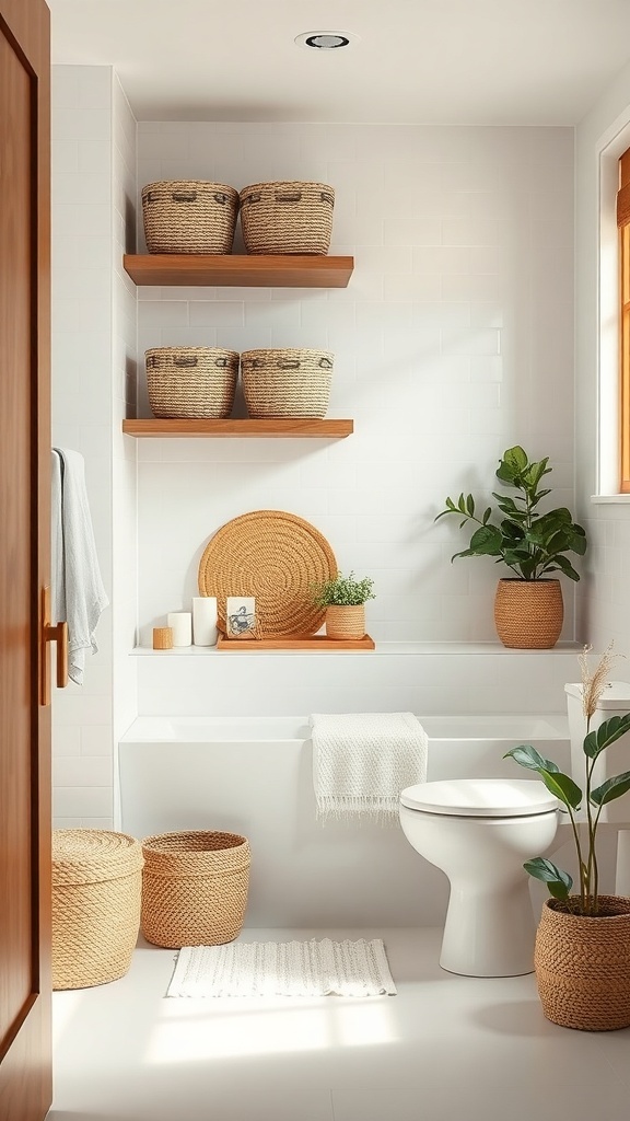 A Japandi bathroom featuring open wooden shelves with woven baskets, potted plants, and a clean, minimalist design.