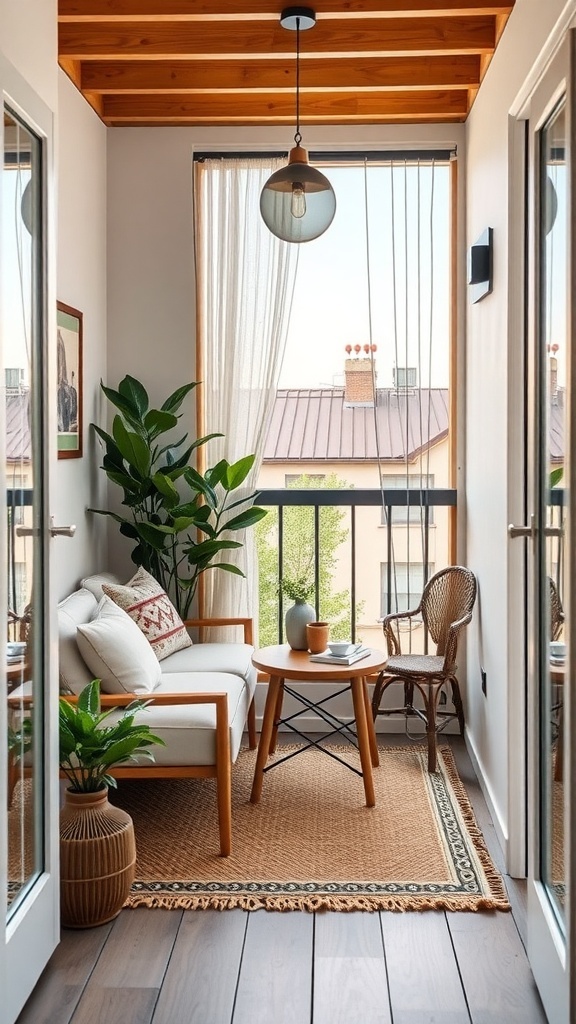 A cozy balcony with a small table, comfortable seating, and potted plants, showcasing functional storage solutions.