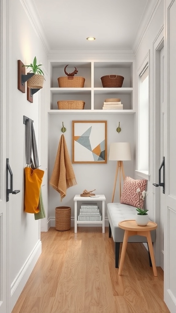 A small hallway featuring functional storage solutions like wall hooks, shelves with baskets, and a bench.