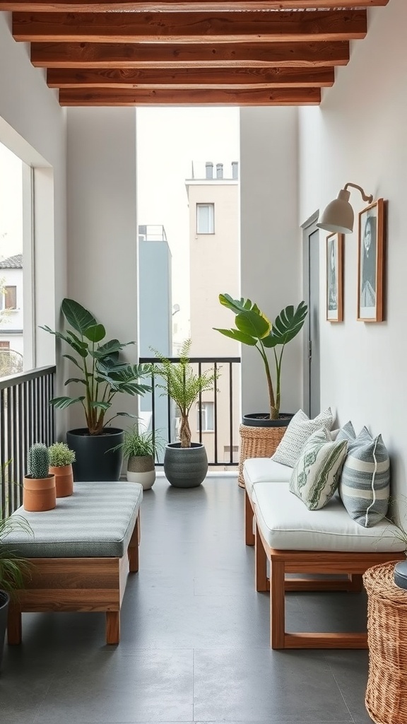 Cozy narrow balcony with wooden benches, plants, and storage solutions.