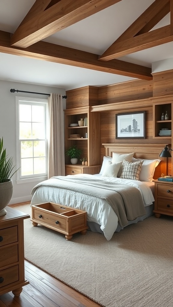 A rustic farmhouse bedroom featuring wooden furniture, a cozy bed with a built-in drawer, and shelves for storage.