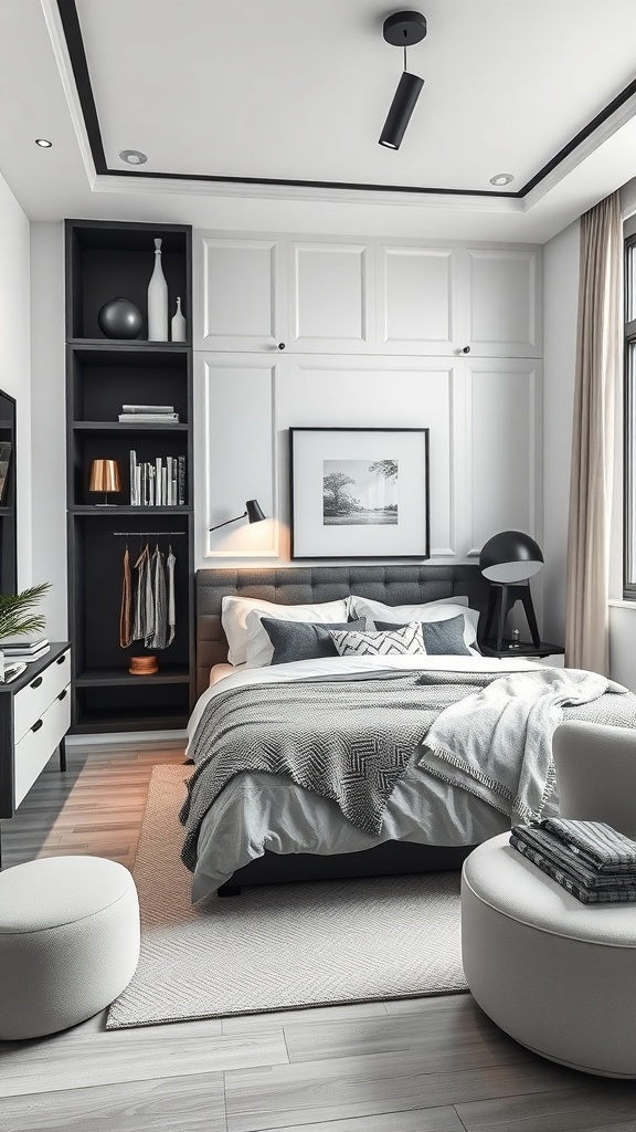 A stylish black and white bedroom featuring a bed with decorative pillows, a built-in shelving unit, and a round ottoman.