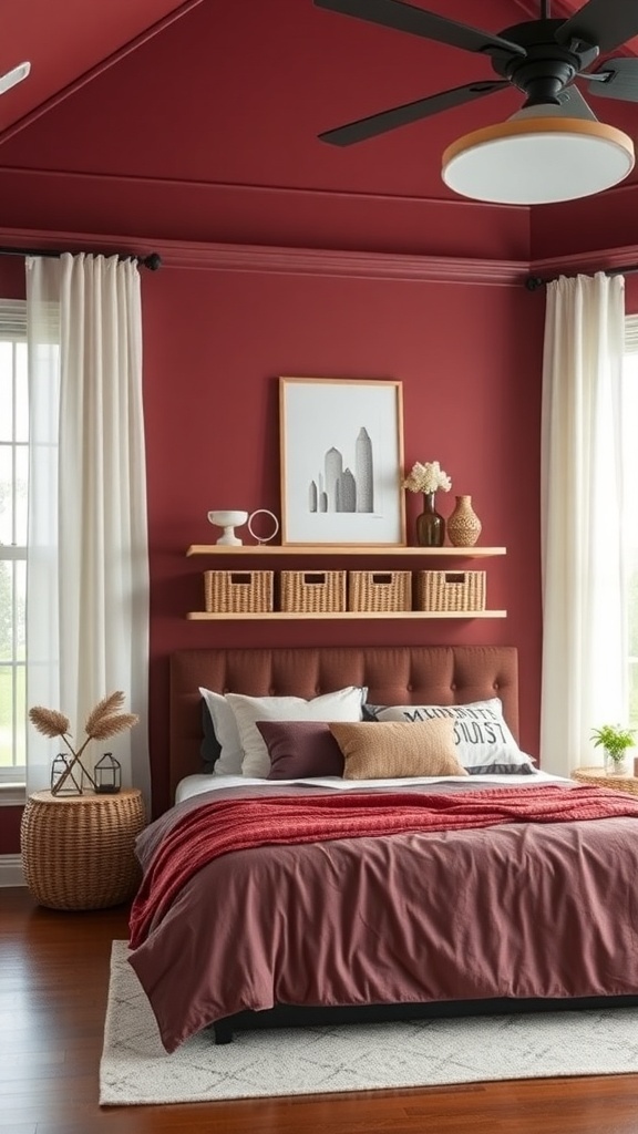 A burgundy bedroom featuring a bed with soft linens, a shelf with baskets, and a round basket for storage.
