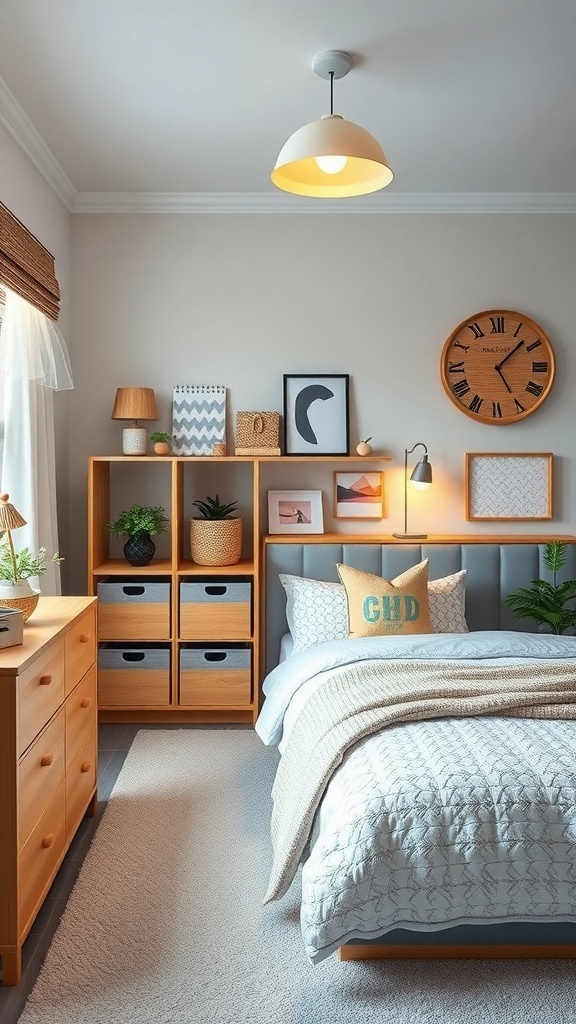 A stylish preppy teen bedroom featuring functional storage solutions with wooden shelves, decorative items, and a cozy bed.