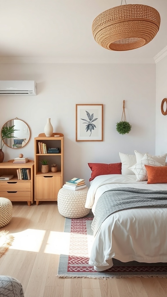 A boho teen bedroom featuring a wooden bookshelf, round poufs, and a cozy bed with decorative pillows.