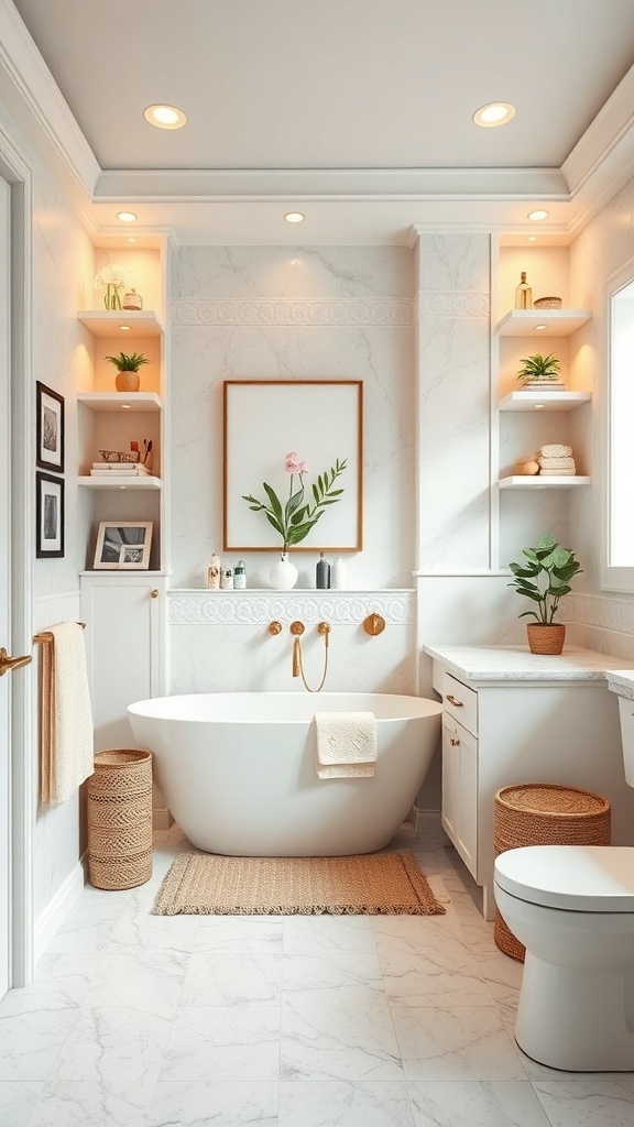 A modern bathroom with functional storage solutions, featuring open shelves, woven baskets, and recessed lighting.