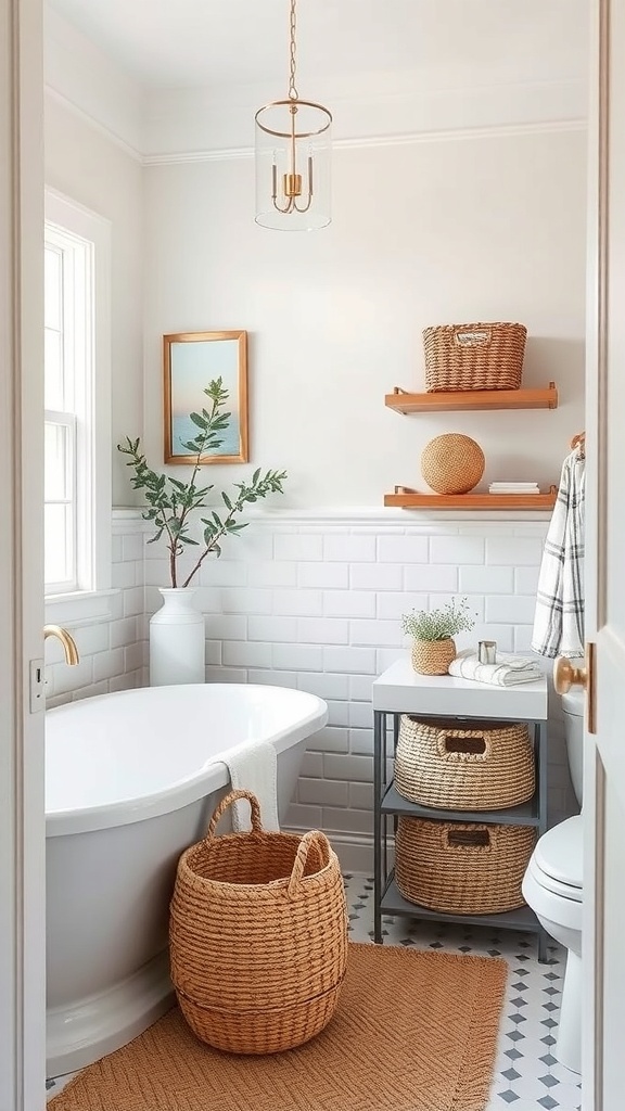 A coastal-themed bathroom with a bathtub, woven storage baskets, and open shelving.