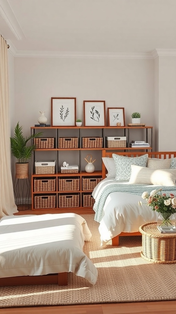 Cozy bedroom with functional storage solutions, featuring a shelving unit with baskets and decorative items.