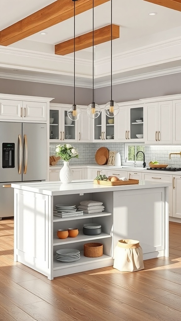 A stylish kitchen island with open shelving, neatly arranged dishes, and decorative baskets