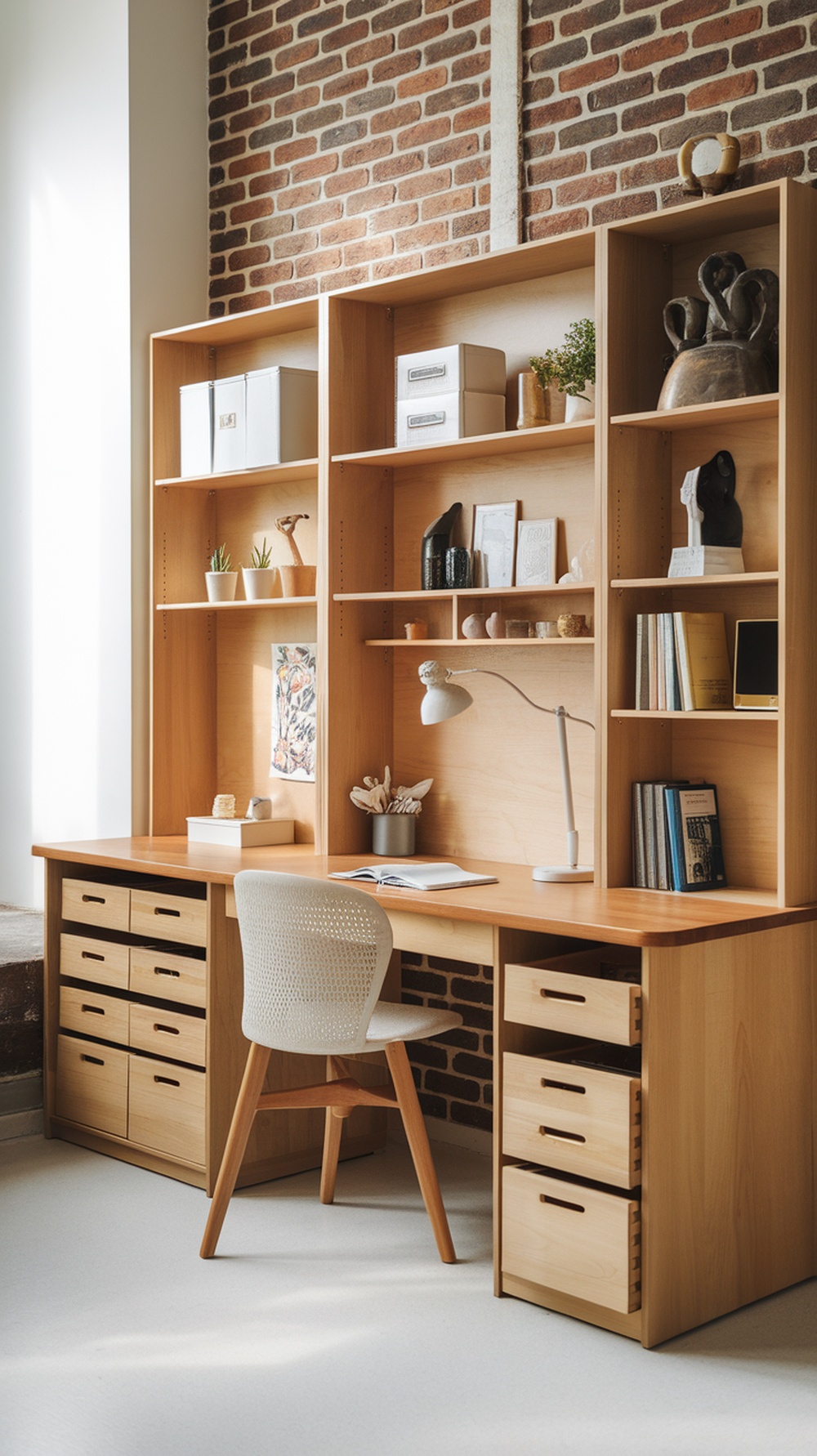 A well-organized study table with wooden shelves and drawers, decorated with plants and art pieces.