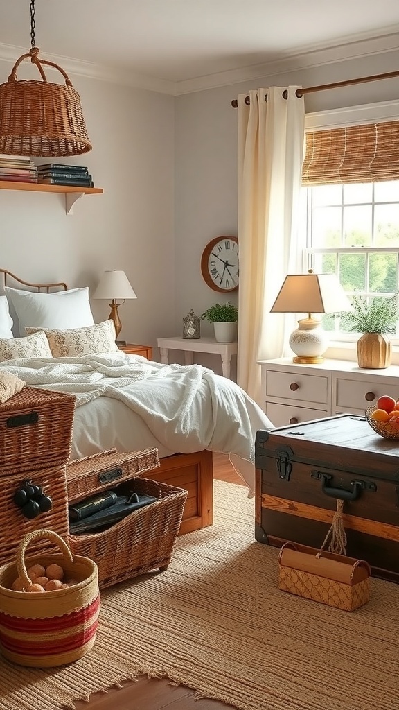 Cozy cottage bedroom with woven baskets and vintage trunks for storage