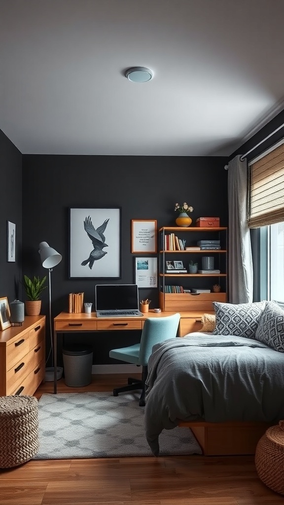 A dark teen bedroom with a functional study area featuring a desk, chair, and shelves.
