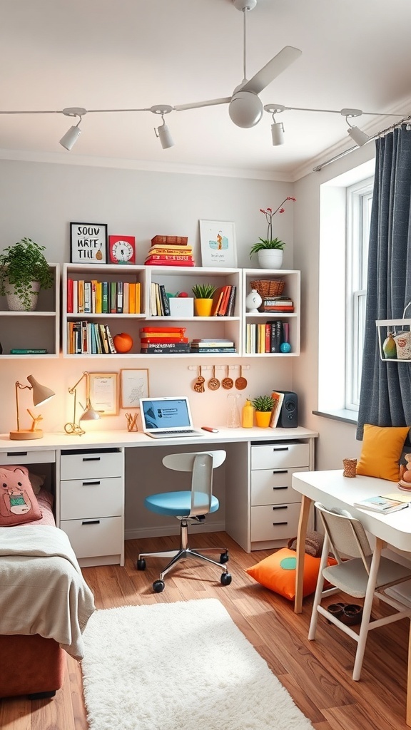 A bright and organized teen bedroom study area with a desk, chair, shelves filled with books, and decorative items.