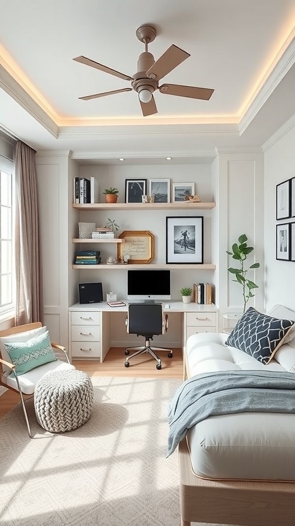 A stylish teen bedroom featuring a study area with a desk, computer, and comfortable seating.