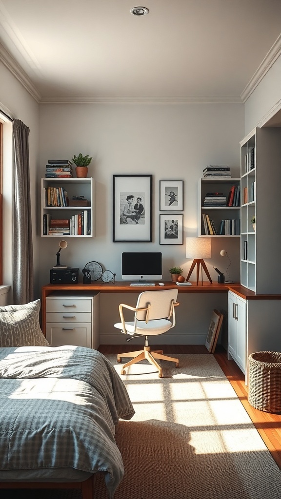 A modern teen boy bedroom featuring a functional study nook with a desk, chair, and shelves.