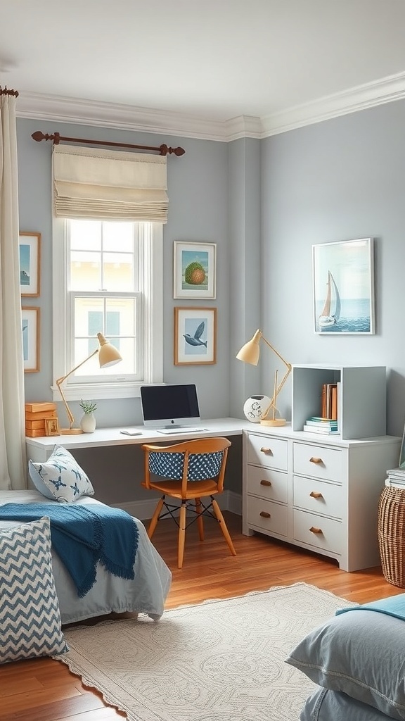 A cozy study nook in a coastal teen bedroom with a desk, chair, and framed artwork.