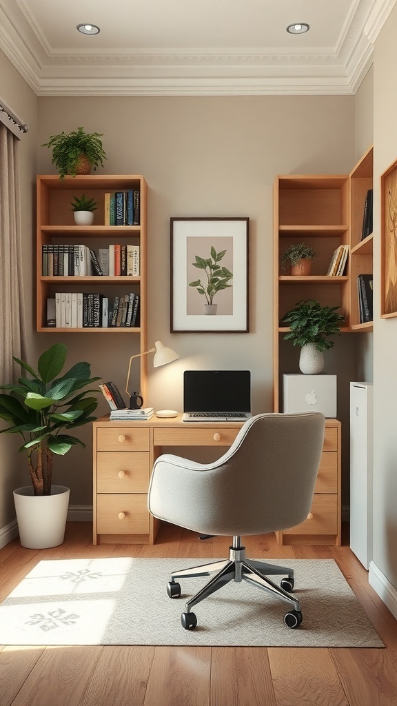 Cozy study space with wooden desk, shelves, plants, and ergonomic chair