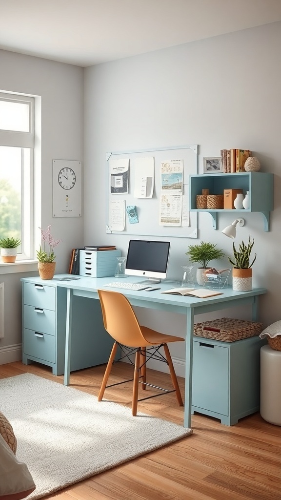 A light blue study space featuring a desk, computer, and plants.