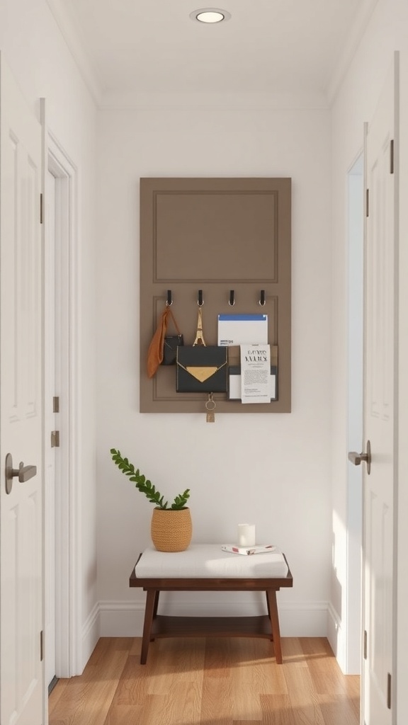 A small entryway with a functional wall panel for keys and mail, featuring a bench and a plant.