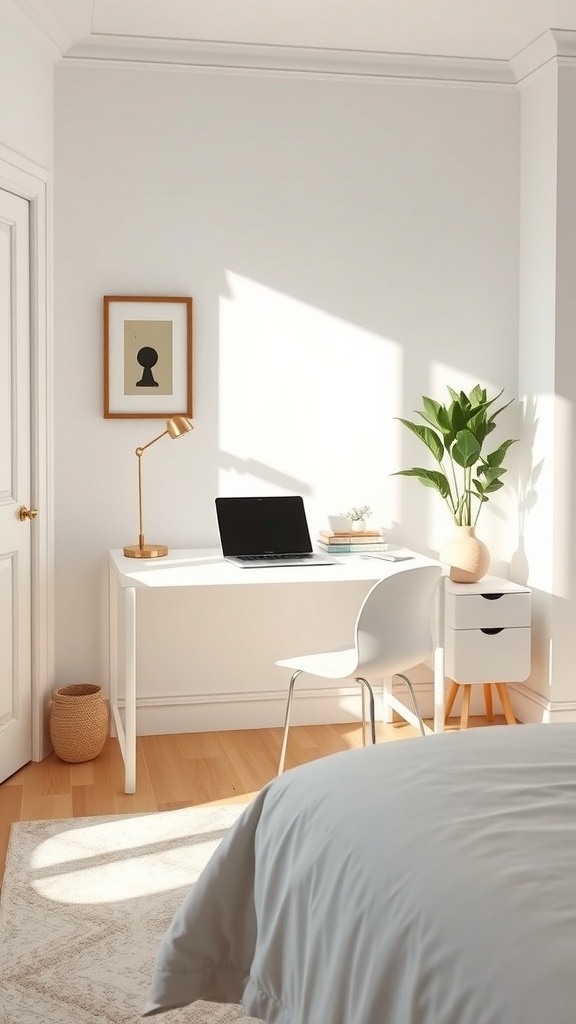 A bright bedroom featuring a white desk with a laptop, a chair, and a small plant, creating a cozy workspace.
