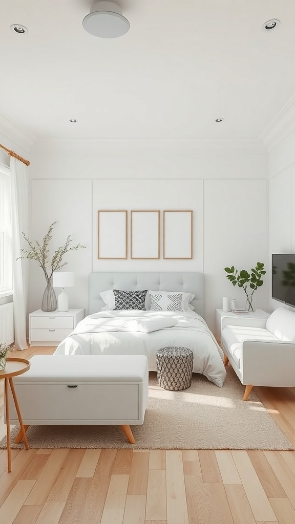 A bright and functional bedroom featuring white furniture, including a bed, side tables, and chairs.