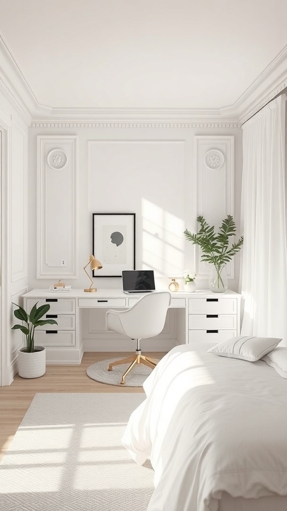 A bright white bedroom featuring a workspace corner with a desk, chair, and plant.
