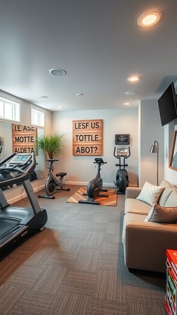 A stylish basement workout area with fitness equipment and a cozy couch.
