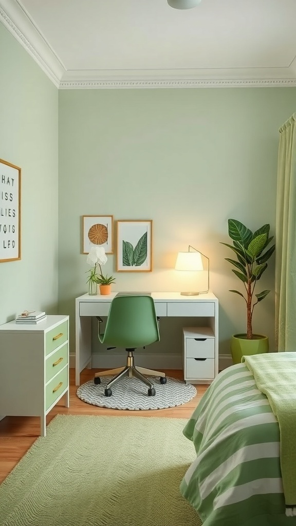 A light green bedroom with a functional workspace corner featuring a white desk, green chair, and decorative plants.