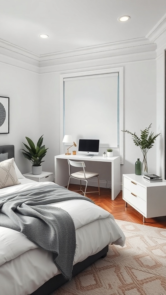 A stylish grey and white bedroom featuring a functional workspace with a desk, chair, and plants.