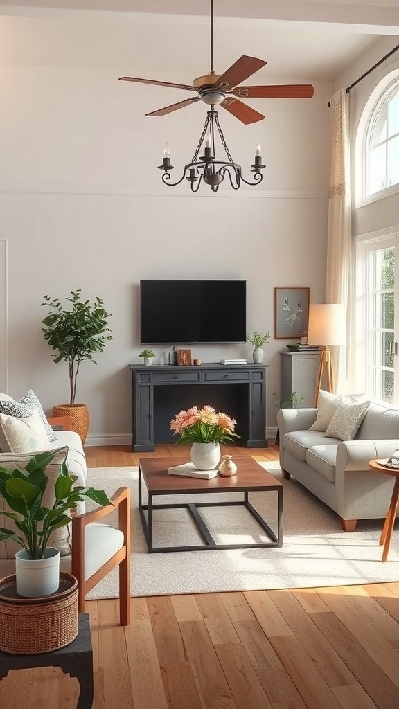 A rustic French country living room with light-colored sofas, a wooden coffee table, plants, and a chandelier.