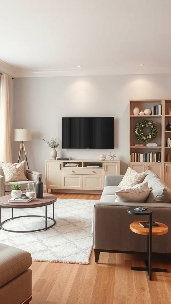 A cozy living room featuring a TV, comfortable seating, and stylish storage solutions.