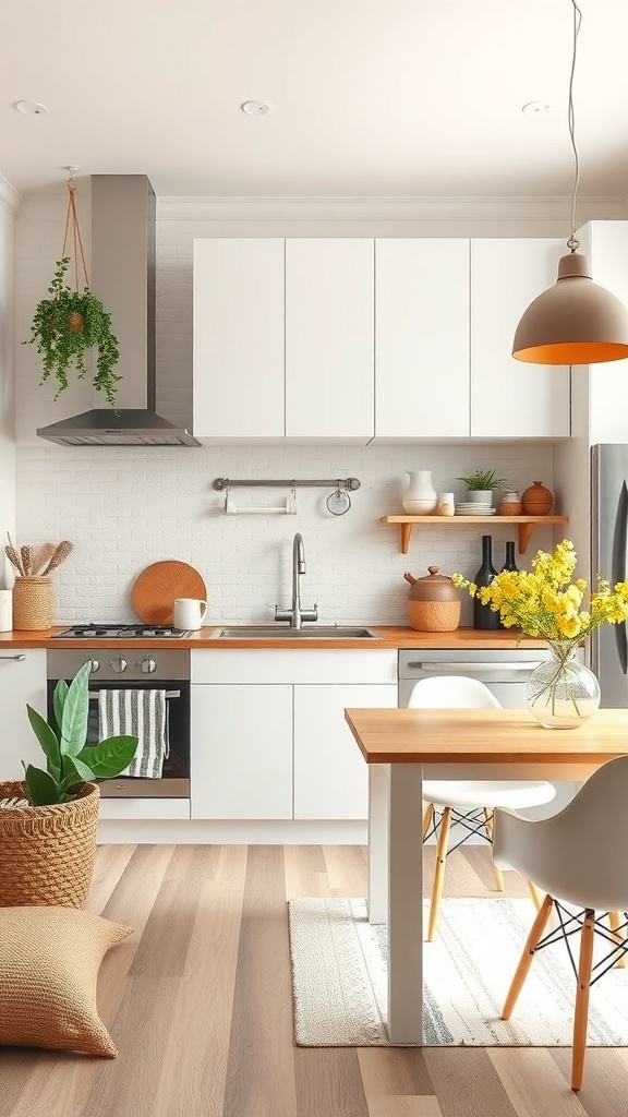 A cozy kitchen with white cabinets, wooden countertops, and a small dining table, featuring plants and warm lighting.