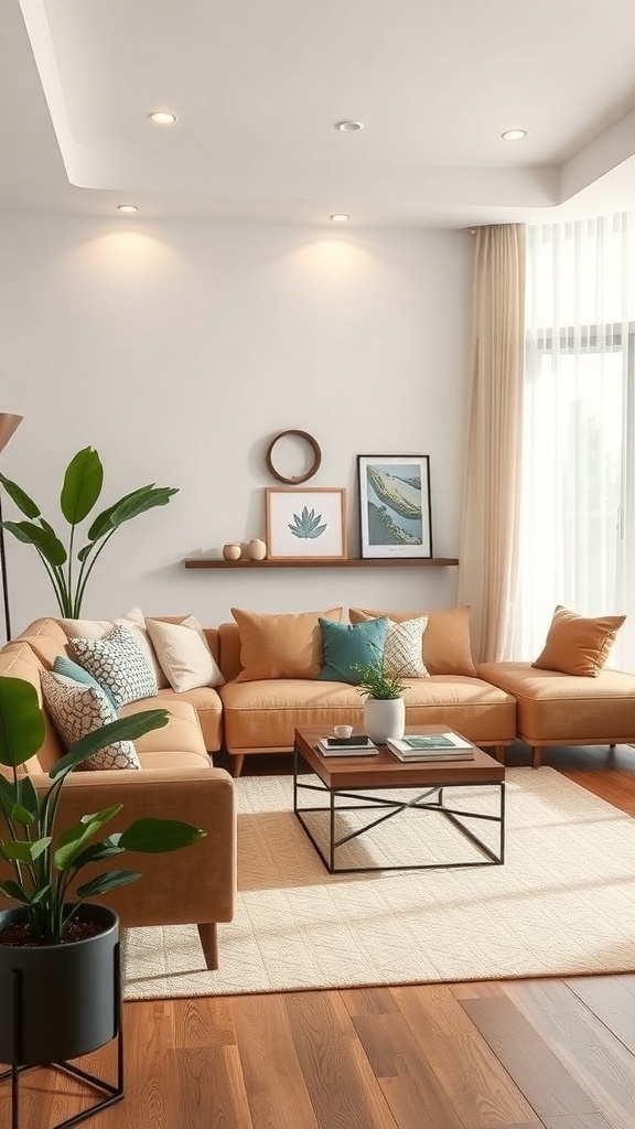 Cozy luxury living room with a sectional sofa, coffee table, and potted plants.