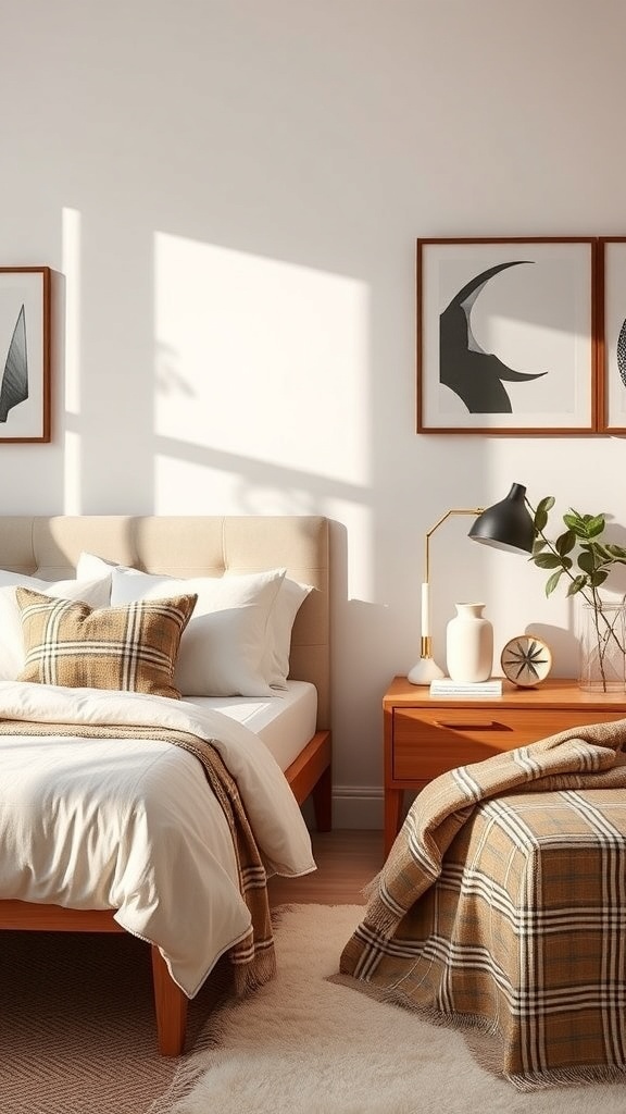 A cozy bedroom featuring a wooden nightstand with a lamp and a plant, complemented by soft bedding and artwork on the walls.