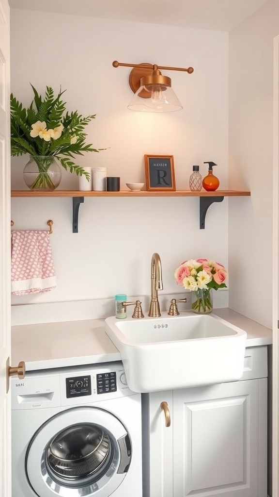 A stylish laundry room featuring a white sink, gold faucet, and decorative shelf with flowers.