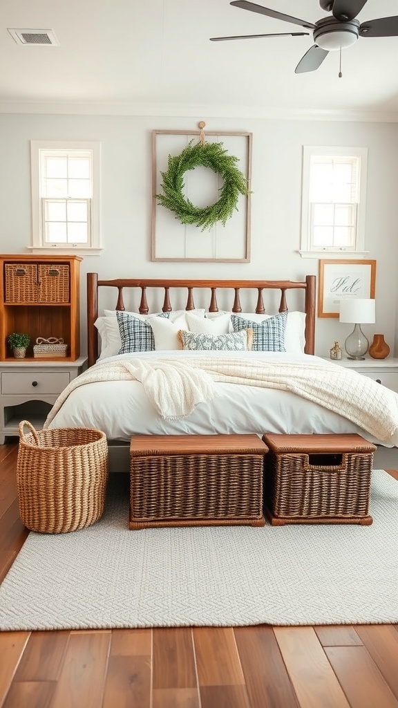 A cozy farmhouse bedroom featuring a bed with decorative pillows, woven baskets, and wooden storage boxes.